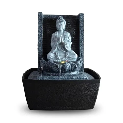 Zen'Light Zimmerbrunnen Nirvana - Wasserfall mit Buddha & LED-Beleuchtung - Tischbrunnen für entspannende Zen-Atmosphäre mit leiser Pumpe und dekorativer LED-Beleuchtung, ideal für Meditation und Feng Shui.