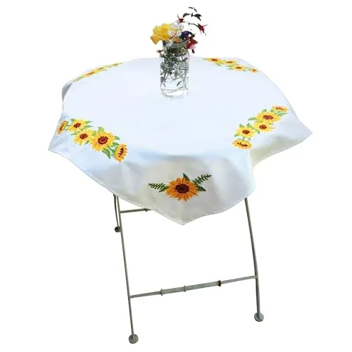 Trimits Bedrucktes Kreuzstich-Set, Tischdecke, inklusive bedrucktem Stoff, Fäden, Nadel und Anleitung (evtl. nicht in deutscher Sprache), 80 x 80 cm, Sonnenblumen