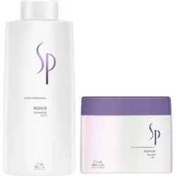 Wella SP System Professional Repair Set - Shampoo 1000 ml + Mask 400 ml - Haarpflege-Set für geschädigtes Haar: Das Shampoo reinigt und repariert, während die Maske intensive Regeneration bietet. Ideal für geschädigtes Haar mit verbesserter Kämmbarkeit und Glanz.