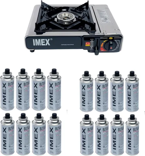 Imex Gaskocher Camping mit Koffer - Kocher mit 16x Butan Gaskartusche