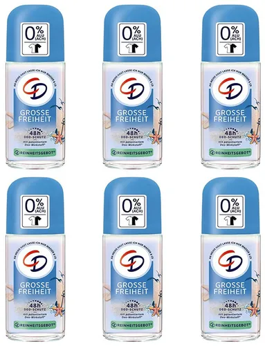 6x CD Deodorant Deo Roll-on Große Freiheit 48h Schutz 0% Aluminiumsalze,50ml
