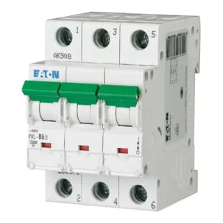 Eaton PXL-C6/3 LS-Schalter 6A, 3-polig - Kontrollschalter mit Auslösecharakteristik C, ideal für Wohn- und Gewerbeanwendungen. Hohe Sicherheit mit 10 kA Bemessungs-Schaltvermögen nach IEC/EN 60898-1.