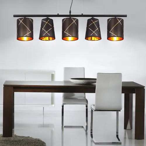 Pendelleuchte Esstisch 5-flammig schwarz gold - Moderne Hängelampe für Esszimmer, 5x E14 Fassung für individuelle Lichtgestaltung, mit glamourösen goldenen Dekorlinien und beeindruckender Höhe von 140 cm.