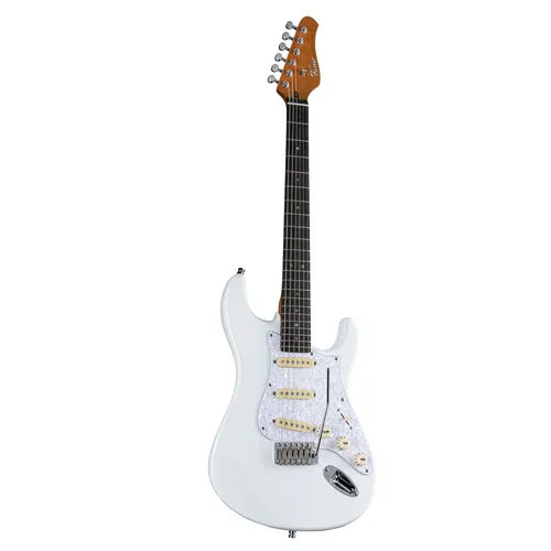 Fame Custom ST SSS RW White E-Gitarre - Moderne ST-Style E-Gitarre mit ergonomischem Mahagonikorpus und Quarter Sawn Maple Neck. Ideal für präzises Spielgefühl und vielseitige Rock- und Metal-Sounds dank hochwertiger Fame Single-Coils.