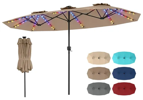 COSTWAY Doppelsonnenschirm 375x200cm mit LED-Beleuchtung, Terrassenschirm in Braun