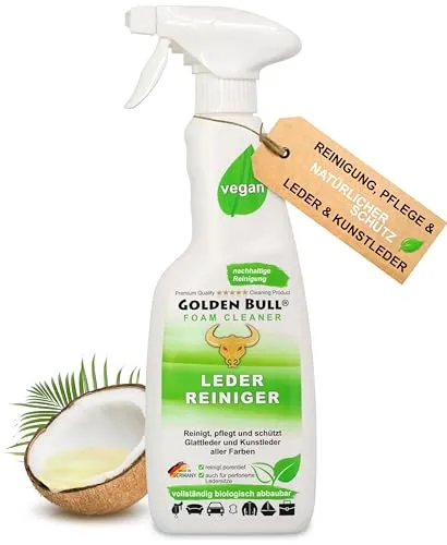 Golden Bull® Lederreiniger & Lederpflege Auto Sofa 500ml [STARK UND VEGAN] Leder Kunstleder Reiniger Schaum Spray mit Kokosöl für Reinigung & Pflege von Ledersitz, Autositz, Ledercouch