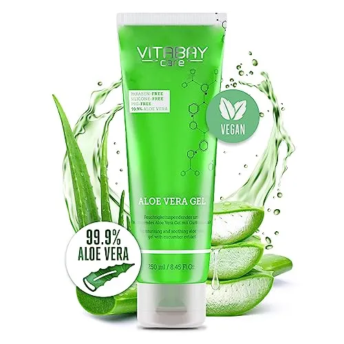 Vitabay Aloe Vera Gel 100 Prozent (99.9%) 250ml - Aloe Vera After Sun Lotion Gesicht Sonnenbrand - Aloe Vera Gesichtscreme Herren Naturkosmetik - Aloe Vera Saft Salbe Feuchtigkeitscreme Gesicht Männer