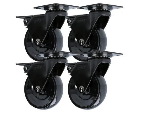 MS Beschläge Möbelrolle - 4er Set Lenkrollen in Schwarz mit modernem Design - Möbelrollen aus langlebigem Polyurethan, bodenschonend und leise, ideal für empfindliche Böden in Büros und Wohnräumen. 360° drehbar mit Feststellbremse für hohen Komfort.
