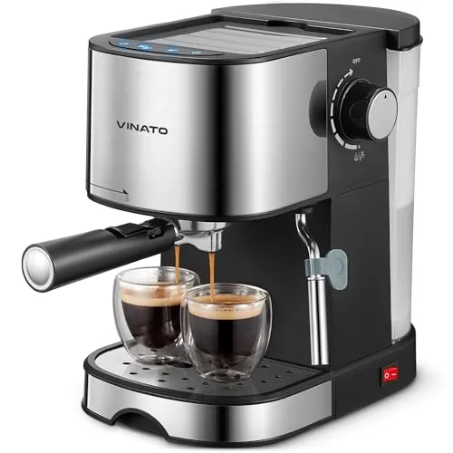 VINATO Espressomaschine, 15 Bar Espresso-und Cappuccino maschine mit Schnellaufheizfunktion, Kaffeemaschine mit Milchaufschäumfunktion und Dampfstab, Doppelauslassfilterhalter und 2 Filter