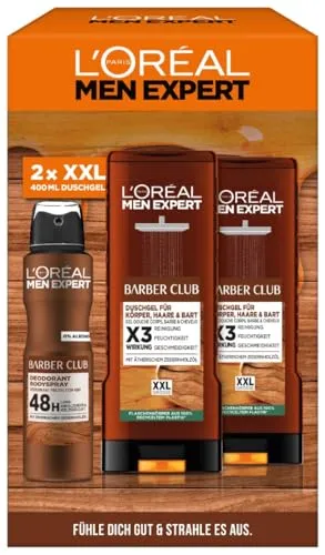 L'Oréal Men Expert Barber-Geschenk-Set für Männer, mit XXL Duschgel und Deo Spray, Mit ätherischem Zedernholzöl, Herren Geschenkset, Barber Club,2 x 400 ml, 1 x 150 ml