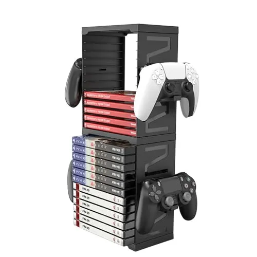 Niciksty Spiele Storage Tower für PS5, PS5 Speicherung von Spiel-CDs Halter Stand für 24 CD und 4 Controller für SWITCH, Xbox Series S & X, Xbox One, PS4, PS3, Blu Rays