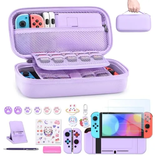 innoAura Switch Tasche für NS Switch 18 in 1 Switch Zubehör mit Switch Hülle, Switch Hülle, Switch Spiele Aufbewahrung, Switch Schutzfolie, Switch Ständer, Switch Joystick Kappen (Lila)
