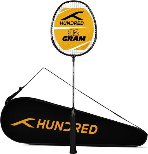 hundred Badmintonschläger Powertek 200 PRO schläger mit Kopfabdeckung, Bespannt, (Maximale Saitenspannung - 18-20lbs, Für fortgeschrittene Spieler), Badmintonschläger Graphit Leichtgewicht Profi Squash