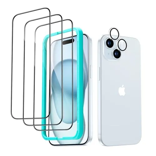 ESR für iPhone 15 Plus für Panzerglas, 3 Displayschutzfolien aus gehärtetem Glas und 1 Set einzelner Kamera Schutzfolien, 2,5D gebogene Kanten, vollständiger Militärnorm Schutz, kratzfest