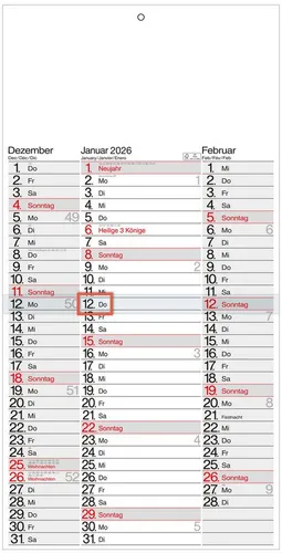 GÜSS 3-Monatskalender 30x64cm Kalendarium 2025