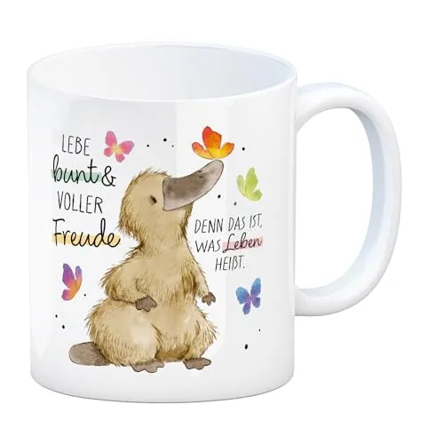 Schnabeltier Kaffeebecher mit Spruch Lebe bunt und freudig Positiv durchs Leben Glücklich wie die Schnabel-Ente