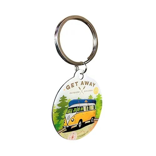 Nostalgic-Art Retro Schlüsselanhänger Rund, Volkswagen Bulli – Let's Get Away – VW Bus Geschenk-Idee, aus Metall, Vintage-Design, Ø 4 cm
