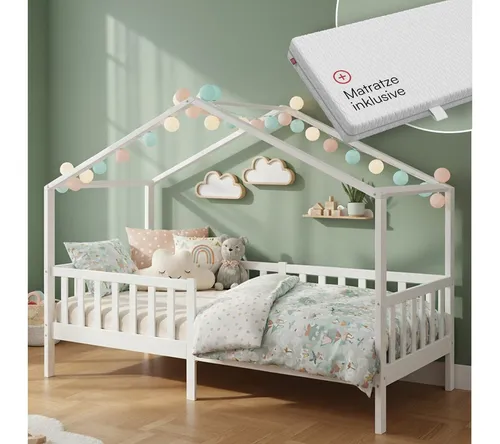 Bellabino Kinderbett Bia mit Rausfallschutz und Lattenrost (weiß, mit Matratze) - Stilvolles Kinderbett aus Kiefernholz mit umlaufendem Rausfallschutz und abnehmbarer Matratze. Ideal für sicheren Schlaf und Spielspaß. Verfügbar in verschiedenen Größen.