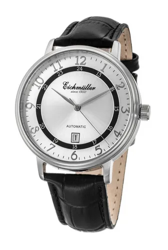 Eichmüller Automatikuhr RE7013 – Elegante Herrenuhr mit Automatikwerk - Hochwertige Automatikuhr mit silbernem Zifferblatt und schwarzem Lederarmband. Ideal für stilbewusste Herren, die Wert auf Qualität und Design legen. Robustes Edelstahlgehäuse, bis 5 ATM wasserdicht.