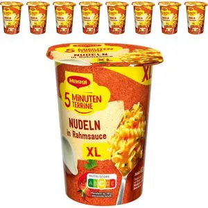 Maggi Fertiggericht 5 Minuten Terrine XL, Nudeln in Rahmsauce - Nudelgerichte, schnell und unkompliziert in nur 5 Minuten zubereitet, perfekt für zuhause, unterwegs oder im Büro. Vegetarisch und lecker mit sahnigem Rahm und fruchtigen Tomaten.
