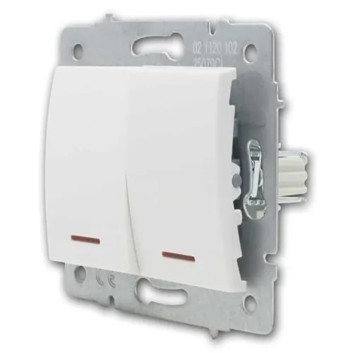 LOGI 2-fach Schalter mit LED-Kontrolle, weiß glänzend - Praktischer 2-fach Schalter mit LED-Kontrolllampe für einfache Bedienung von zwei Stromauslässen, robustes Design, schnelle Installation ohne Rahmen, ideal für moderne Wohn- und Geschäftsräume.