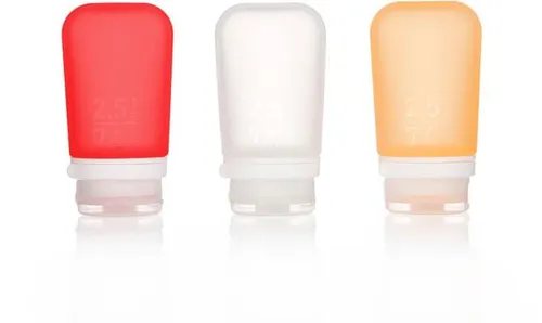 humangear GoToob+ Fläschchen 3er Set, rot/orange - Praktische Fläschchen zur sicheren Aufbewahrung von Flüssigkeiten. Mit innovativem Deckelsystem für einfaches Dosieren und sicheren Verschluss. Ideal für unterwegs und auf Reisen.