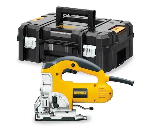DeWalt DW331KT-QS Stichsäge - Sägen mit der DeWalt DW331KT-QS: 701 Watt Motor für 3.100 U/min, präzise Schnitte bis 135 mm in Holz und 12 mm in Metall, inkl. Staubabsaugung und TSTAK Koffer für einfache Aufbewahrung.