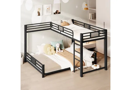 OKWISH L-förmiges Metall-Etagenbett für Kinder und Jugendliche - Platzsparendes Etagenbett mit zwei Liegeflächen (90x200 cm oben, 140x200 cm unten). Ideal für kleinere Räume, stabiler Metallrahmen für sicheren Schlaf. Perfekt für Kinderzimmer oder Gästezimmer.
