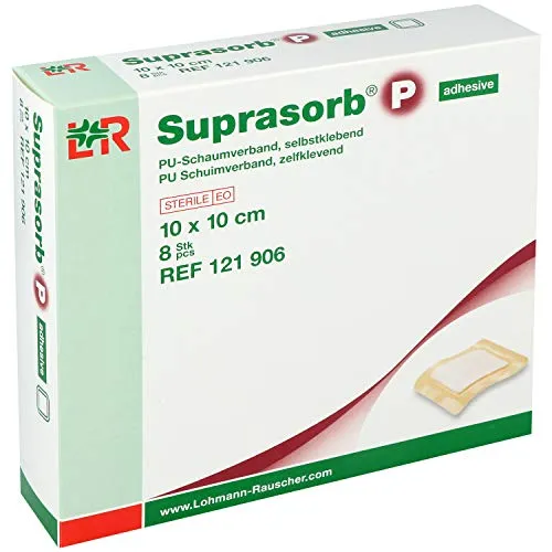 Lohmann & Rauscher Suprasorb P PU Schaumverband 10x10 cm - 8 Stück - Erste-Hilfe-Heftpflaster & Verbandsmaterial, fördert die Wundheilung durch feuchtes Milieu und bietet hohen Tragekomfort dank weicher Struktur.