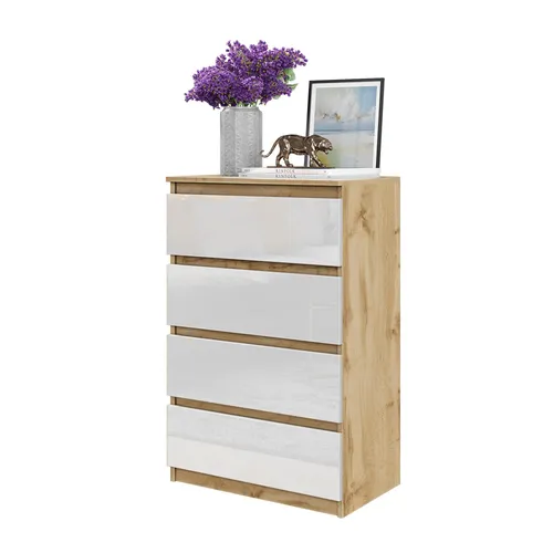 Hohe Kommode GABRIEL mit 4 Schubladen – Eiche Wotan / Weiß Hochglanz, 92 cm
