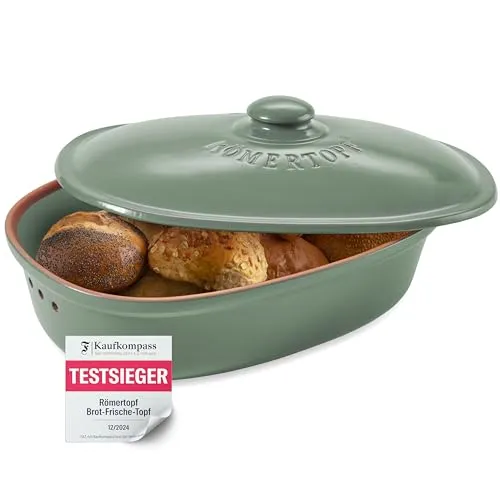 Römertopf Brottopf oval MAXI 6,5 Liter - Grüner Keramik Brotkasten - Brotkästen mit atmungsaktivem Tontopf für langanhaltende Frische von Brot und Brötchen durch optimale Luftzirkulation und Feuchtigkeitsregulierung.