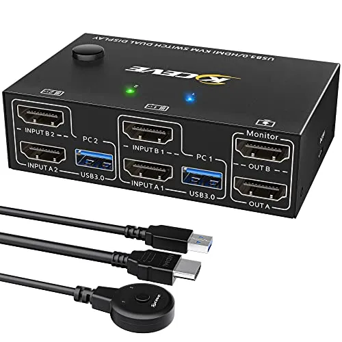YOUTINGHDAV USB 3.0 HDMI KVM Switch 2 PC 2 Monitore, EDID Emulator, 4K@60Hz, HDMI 2.0, Dual Monitor KVM Switch 2 Monitore Teilen Kabellose Tastatur, Maus, Wired Remote und 4 Kabeln