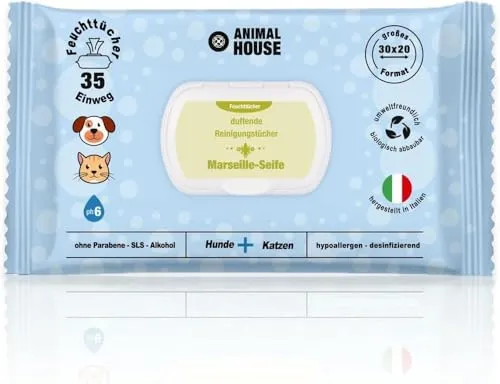 Animal House Dufttücher 35 Stück: Hypoallergene und biologisch abbaubare Feuchttücher für die tägliche Reinigung von Hunden und Katzen (35, Marseille-Seife)