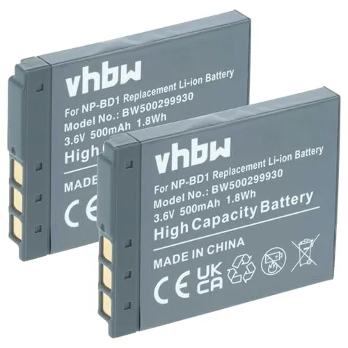 vhbw 2X Akku kompatibel mit Sony Cybershot DSC-T200, DSC-T300, DSC-T500, DSC-T700, DSC-T2, DSC-T70 Kamera (500 mAh, 3,6 V, Li-Ion)