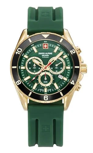 Swiss Alpine Military 7034.9818 Herrenuhr Sierra Chronograph - Chronograph mit 10 ATM Wasserdichtigkeit, ideal für sportliche Aktivitäten. Swiss Made Qualität und stilvolles Design in Grün und Gold.
