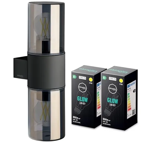 Oktaplex Puno Dos Aluminium Außenlampe inkl. E27 warmweiß 806lm LED Glühbirne Wandleuchte aussen IP44 Rauchglas anthrazit 230V - Energieklasse A