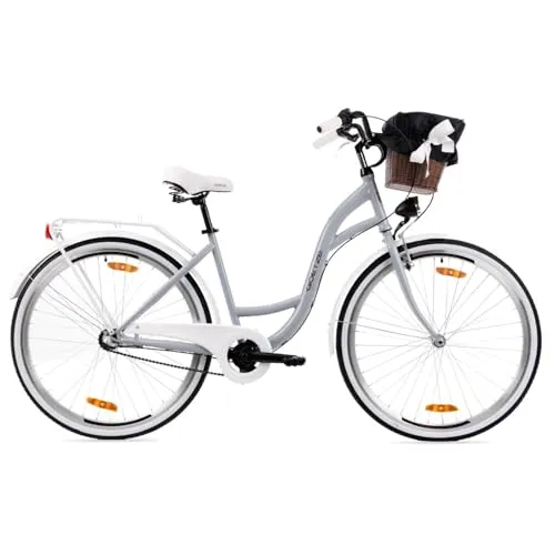 Goetze Style 28 Zoll Damen Citybike, 18 Zoll Tiefeinsteiger, 3-Gang Nabenschaltung, Rücktrittbremse und V-Bremse, LED-Beleuchtung, Rattankorb, Komfortsattel, mit Seitenständer & Klingel
