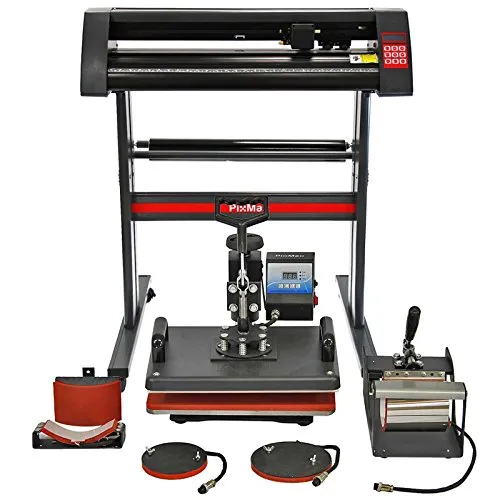 PixMax Kombi 5-in-1 Schwingpresse Transferpresse Tassenpresse Mützenpresse Tellerpresse T-Shirtpresse Hitzepresse mit Plotter Schneideplotter Folienplotter und Zubehör