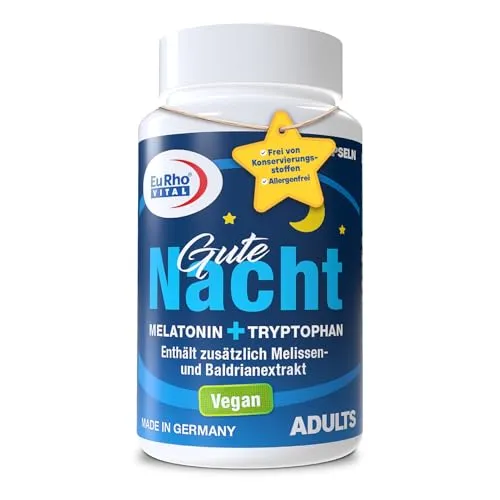 EuRho® Vital Gute Nacht Melatonin Kapseln | mit natürlichem Melatonin, Tryptophan, Melissen- und Baldrianwurzelextrakt, 60 vegane Kapseln, laborgeprüft in Deutschland