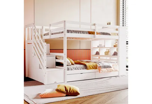 Odikalo Etagenbett Kinderbett 90x200 mit Lattenrost und Stauraum (Etagenbett 90x200 cm, Sicherheitstreppe mit Staufächern, Stauraumschubladen und großen Schließfächern, hohe Zaunkonstruktion, Lattenrost, Kiefernbett, Kinderbett, Jugendbett, Weiß / Grau)