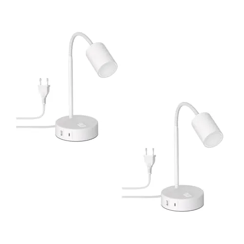 ledscom.de 2 Stück Tischleuchte WAIKA, weiß, USB-A, USB-C, inkl. GU10 LED Lampe (3-Stufen-Dimmer, warmweiß, 5,8W, 500lm)