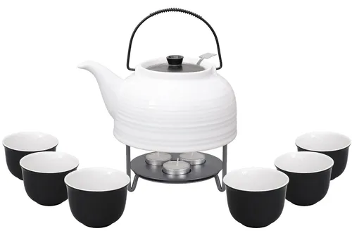 Teeset / Teeservice Nelly: Teekanne + 6 Teetassen / Teecups in weiß + Stövchen