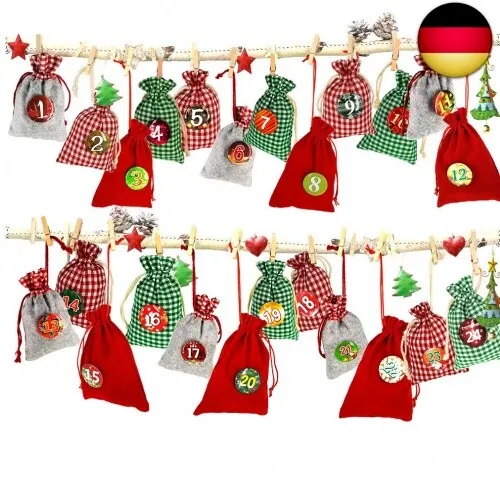 Adventskalender zum Befüllen, Weihnachtskalender Stoffsäckchen zum Selberfüllen, 24 Geschenksäckchen Kette zum selber befüllbar und Aufhängen