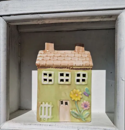 Windlicht Haus Frühling Keramik Grün 11x7xH16cm