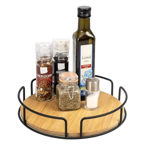 eluno Obstschale Drehteller - Metall mit Bambusboden, Ø 25 cm, modern in matt schwarz - Obstschalen aus Metall mit elegantem Bambusboden und drehbarem Design, perfekt für stilvolle Präsentation von Obst und Snacks.