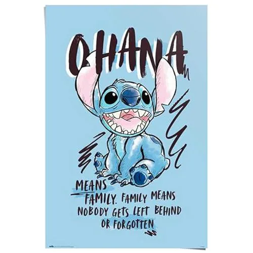REINDERS Poster, Disney Stitch Ohana, Kinderzimmer, Poster, Wanddeko, Room Decor, Bilderdruckpapier, Blau, 91,5 x 61