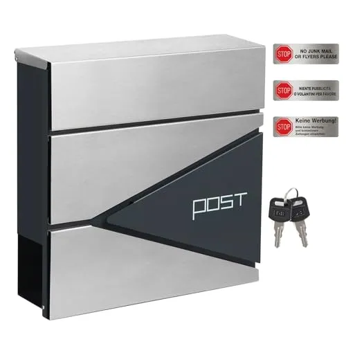 SONGMICS Abschließbarer Wandbriefkasten mit Zeitungsfach, silbern - Stilvoller silberner Briefkasten mit abschließbarem Fach und praktischem Zeitungsfach, ideal für ein sicheres Postaufbewahren.