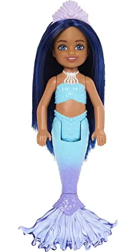 Barbie Mermaid Chelsea HLC15 Puppe mit Gelenken, 15 cm Meerjungfrau mit blauen Haaren