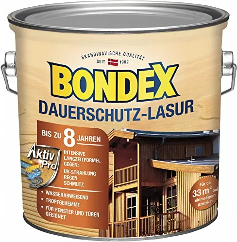 Bondex Dauerschutz Lasur Kiefer 2,5 L | Langzeit UV- und Wetterschutz für Holz - Lacke – Hoher Wetter- und UV-Schutz bis zu 8 Jahre, tropfgehemmt und betont die natürliche Holzstruktur.
