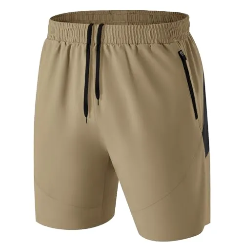 HMIYA Herren Sport Shorts Kurze Hose Schnell Trocknend Sporthose Leicht mit Reißverschlusstasche(Khaki,EU-XL/US-L)